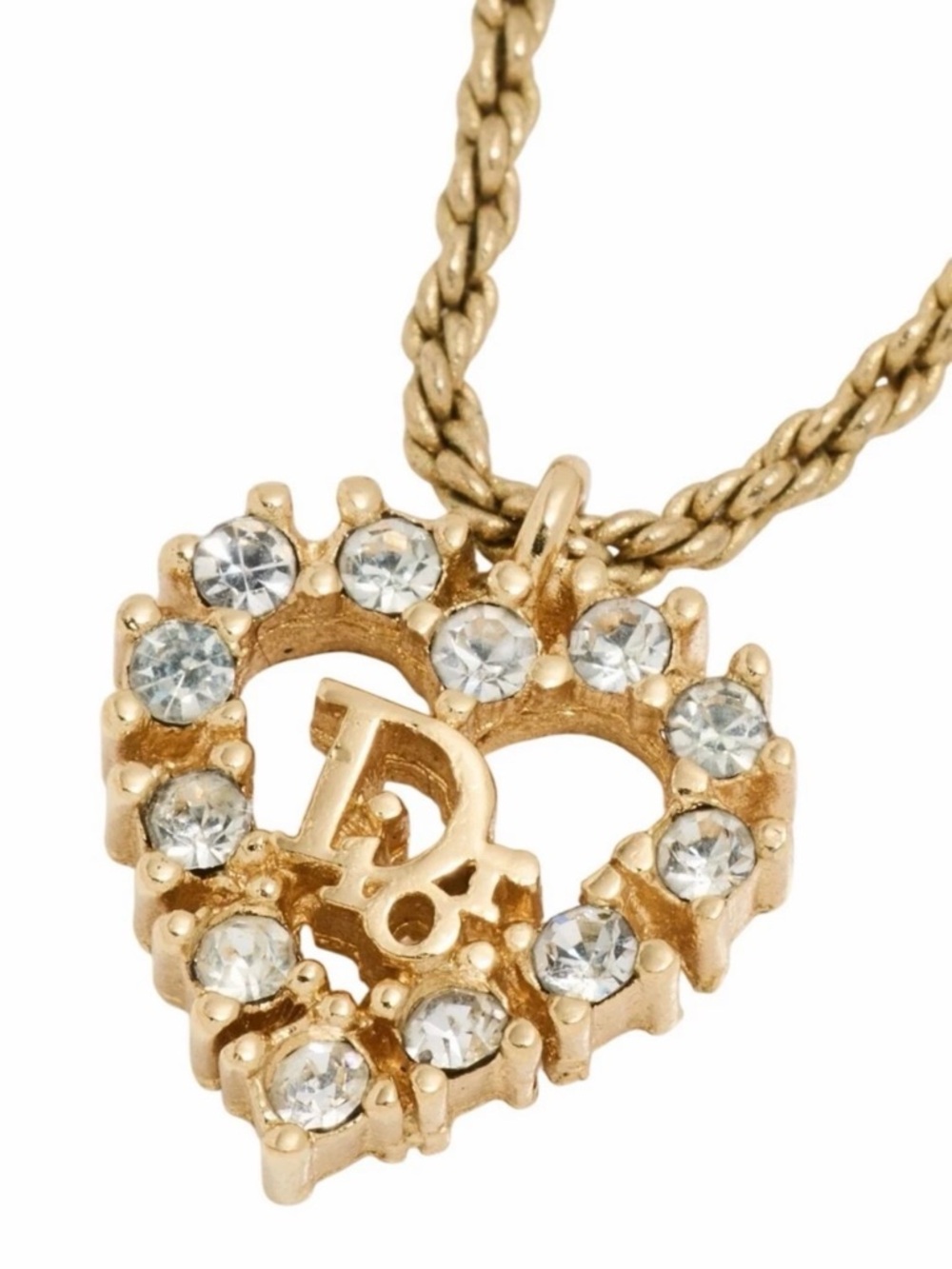 Christian Dior Gold Plated Heart Pendant Necklace with Clear Crystals